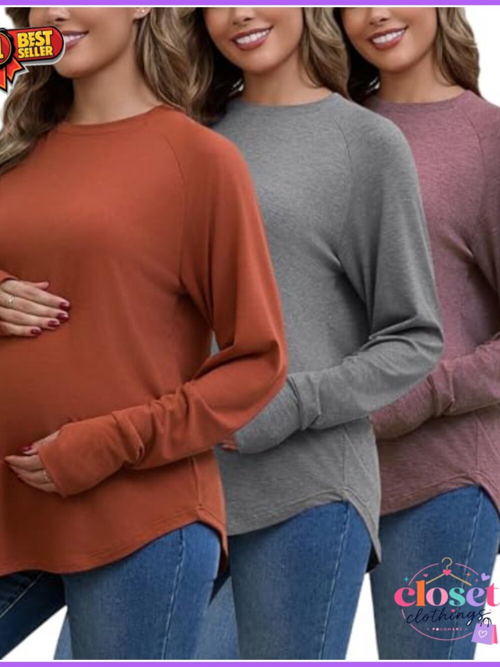 Maternity Tops 3 Pack Long Sleeve Loose Fit With Thumb Holes